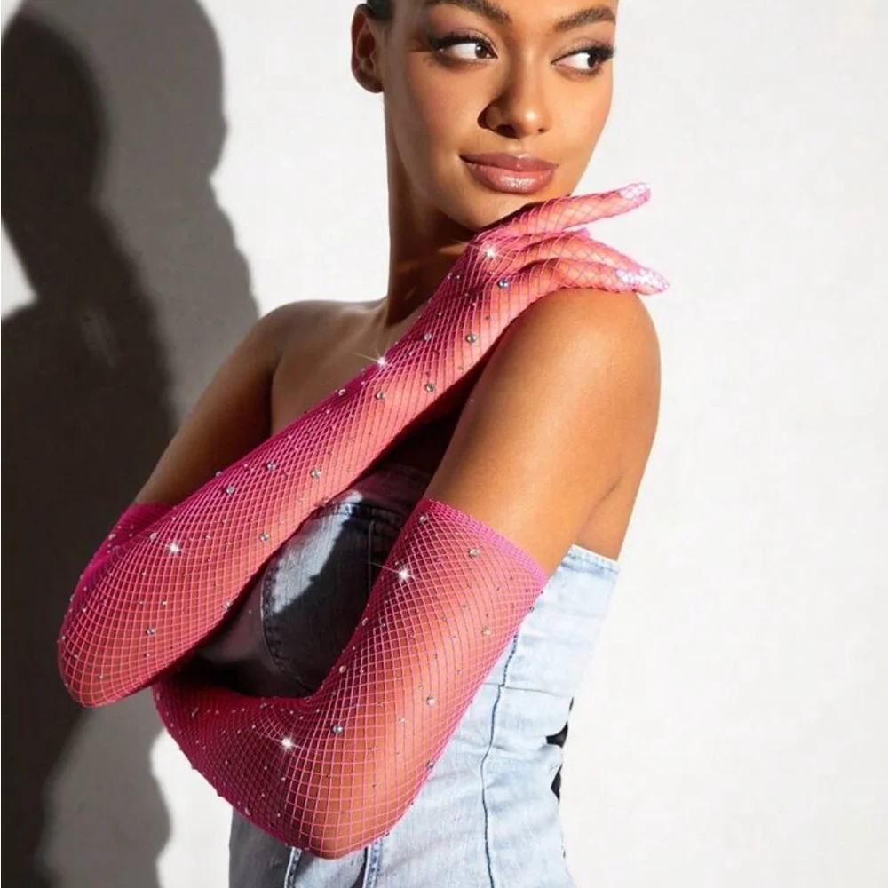 Hot Pink Rhinestone Fishnet Gloves NEW 🏷️